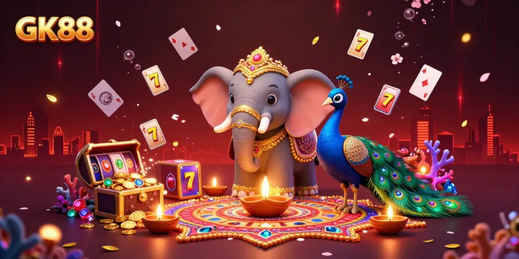 Engage with GK88's vibrant casino scene featuring dynamic gaming elements and colorful decorations.