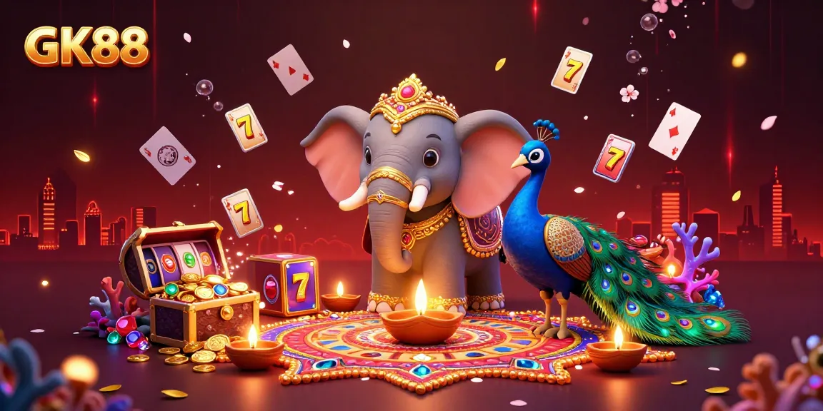 Engage with GK88's vibrant casino scene featuring dynamic gaming elements and colorful decorations.