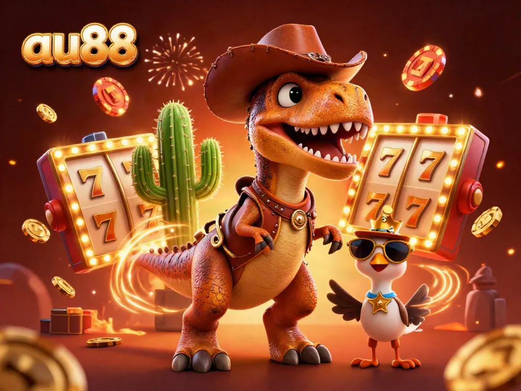 Experience excitement with au88's vibrant slot game visuals featuring a T-Rex and casino elements.