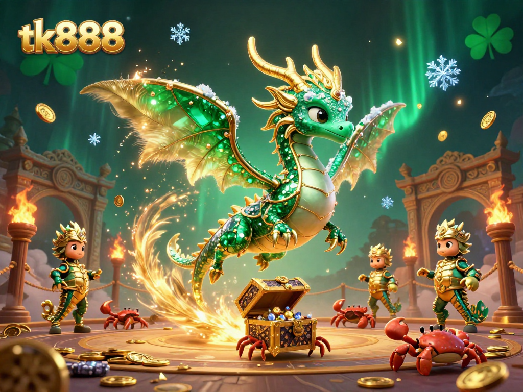 Engage with tk888 through a vibrant scene featuring emerald sea dragons, treasure crabs, and casino elements.