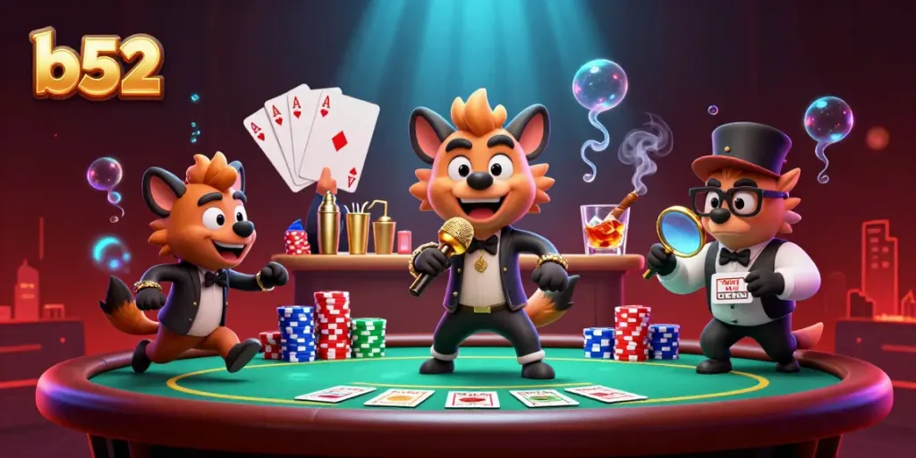 B52 casino scene with hyenas engaging in gaming activities, showcasing vibrant nightlife and excitement.