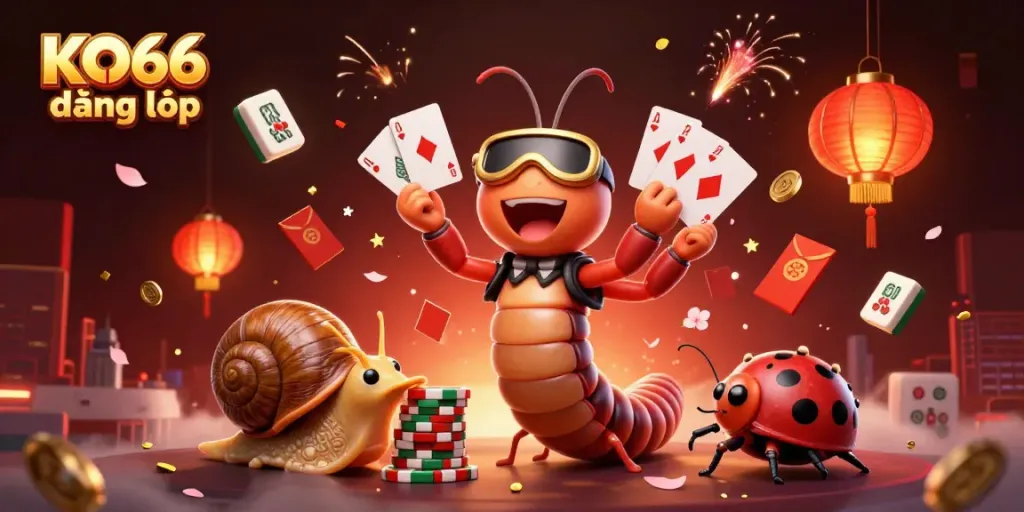 Experience KO66 đăng nhập with a vibrant, dynamic casino scene featuring a whimsical dealer and colorful game elements.