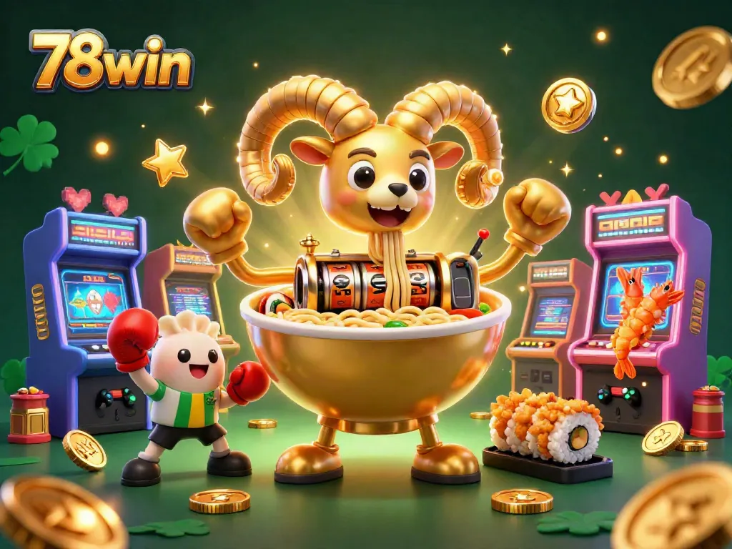 Win big at 78win with a 3D ramen bowl character stacking coins and managing slots!