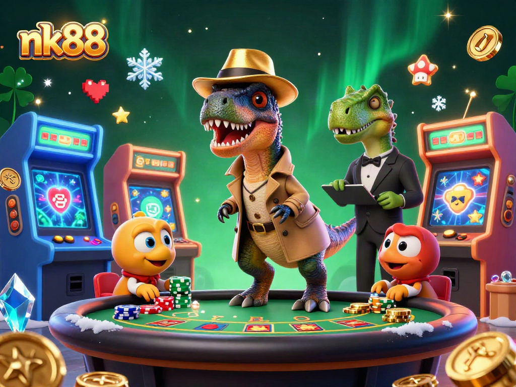 nk88 features an engaging 3D illustration of a velociraptor card counter at a vibrant casino.
