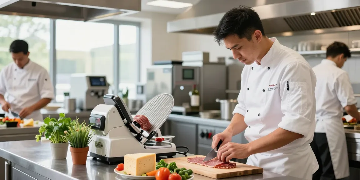 Deli Meat Slicers in action, chef preparing fresh meats in a modern kitchen.