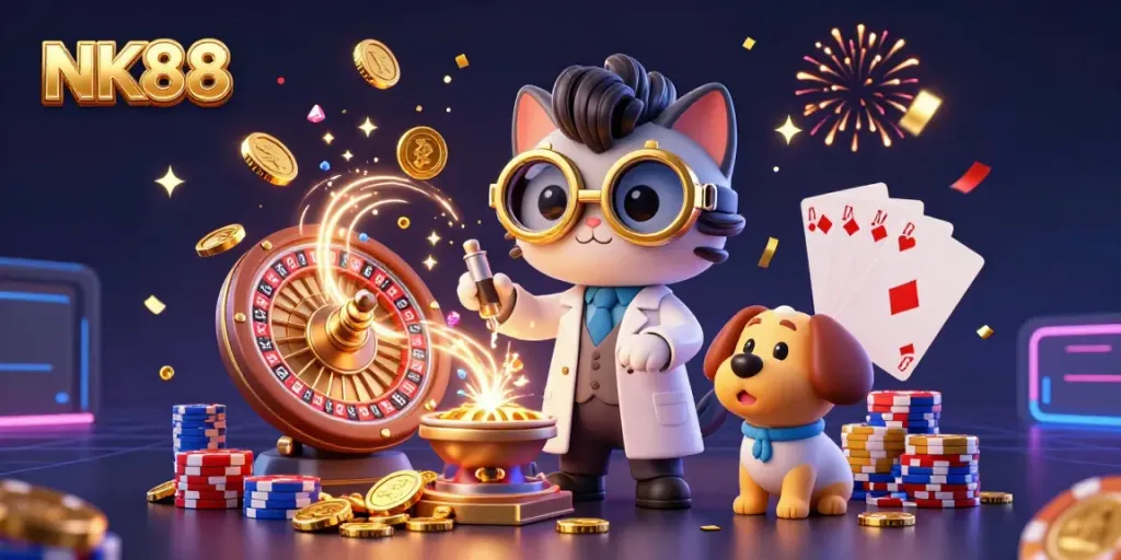 Experience immersive gaming with NK88 casino elements in a dynamic lab scene illustrating fun.