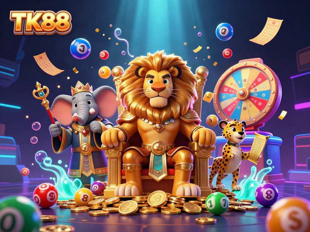 Experience the vibrant energy of TK88 with a colorful casino illustration of a lion king, elephant advisor, and cheetah messenger.