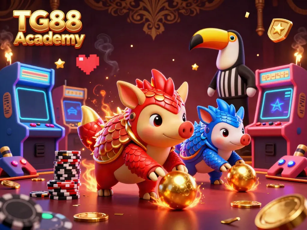 Engage with a vibrant gaming scene at TG88 Academy featuring animated pangolins and casino elements.