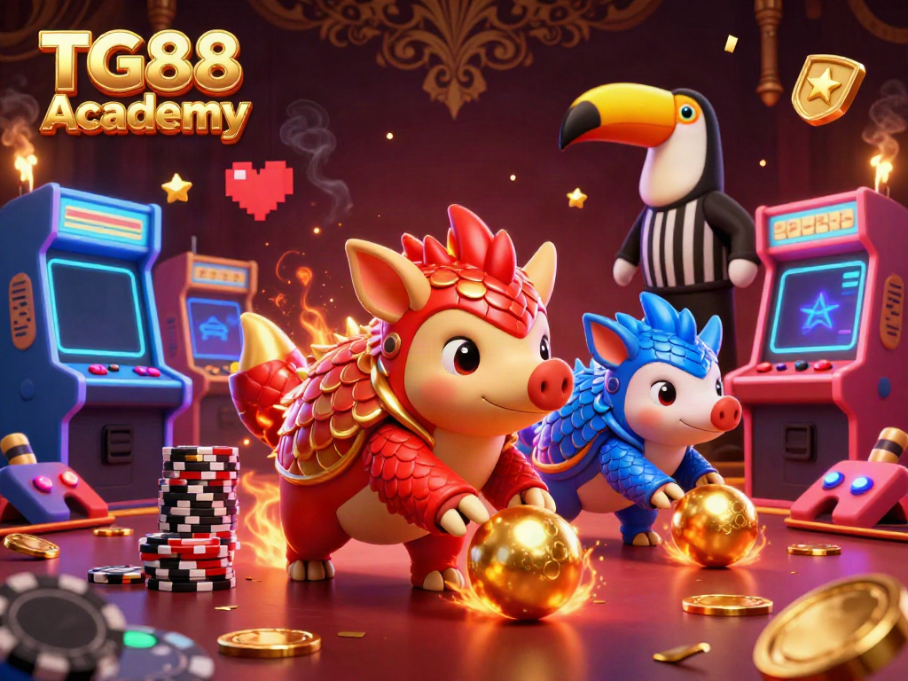 Engage with a vibrant gaming scene at TG88 Academy featuring animated pangolins and casino elements.