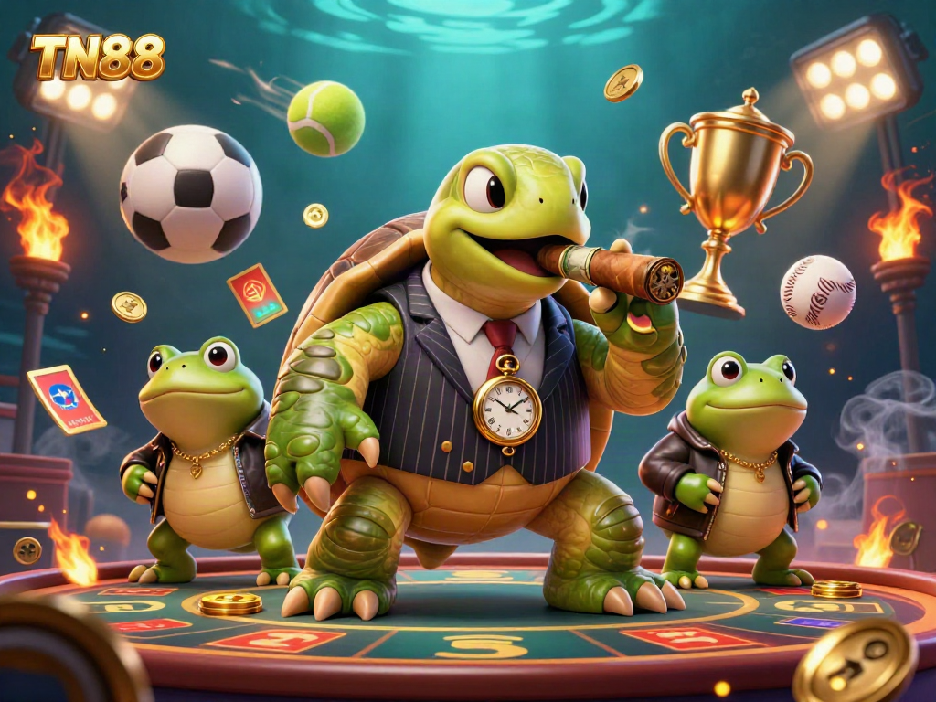 Engage with TN88's vibrant casino design featuring a snapping turtle mobster and bullfrog enforcers amidst dynamic sports action.