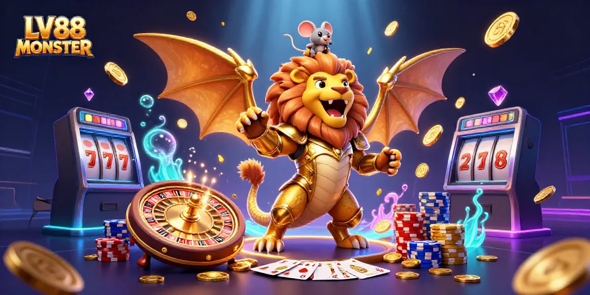 Engage with LV88 MONSTER in an exhilarating casino experience featuring golden chimera creature, coins, and vibrant game elements.