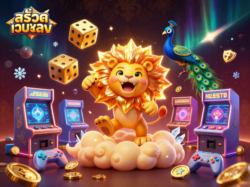 Engage with สล็อตเว็บตรง digital gaming excitement featuring a lion symbolizing fortune in a vibrant casino world.
