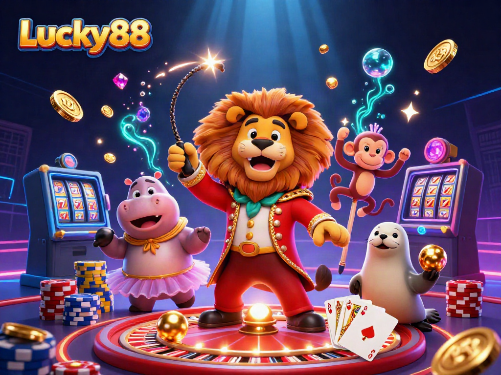 Win big with Lucky88 in this rich 3D circus-themed casino scene filled with sparkling treasures.