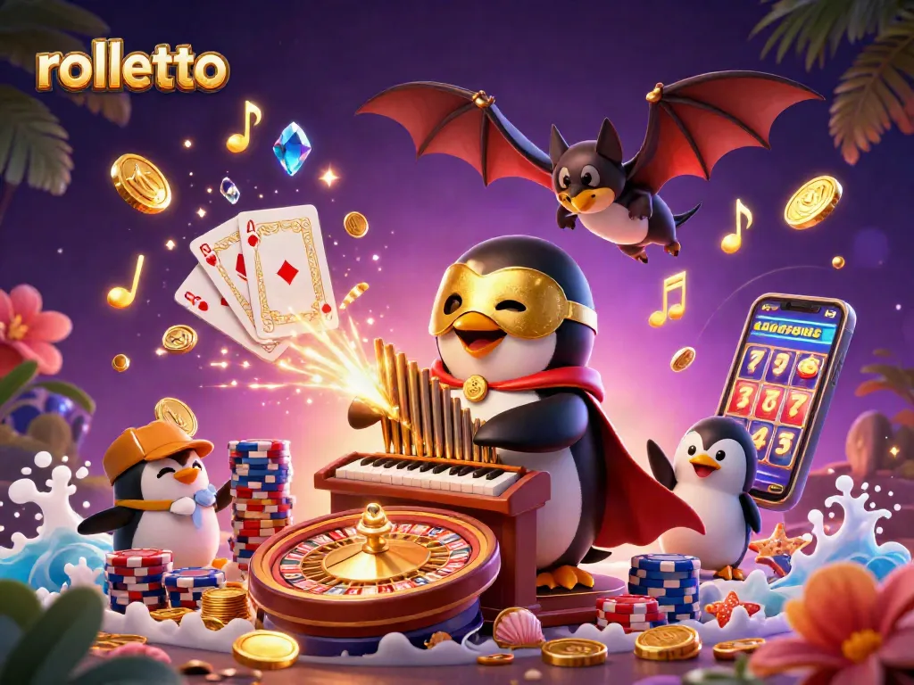 Win big with rolletto at this vibrant casino scene featuring a penguin and a bat acrobat.
