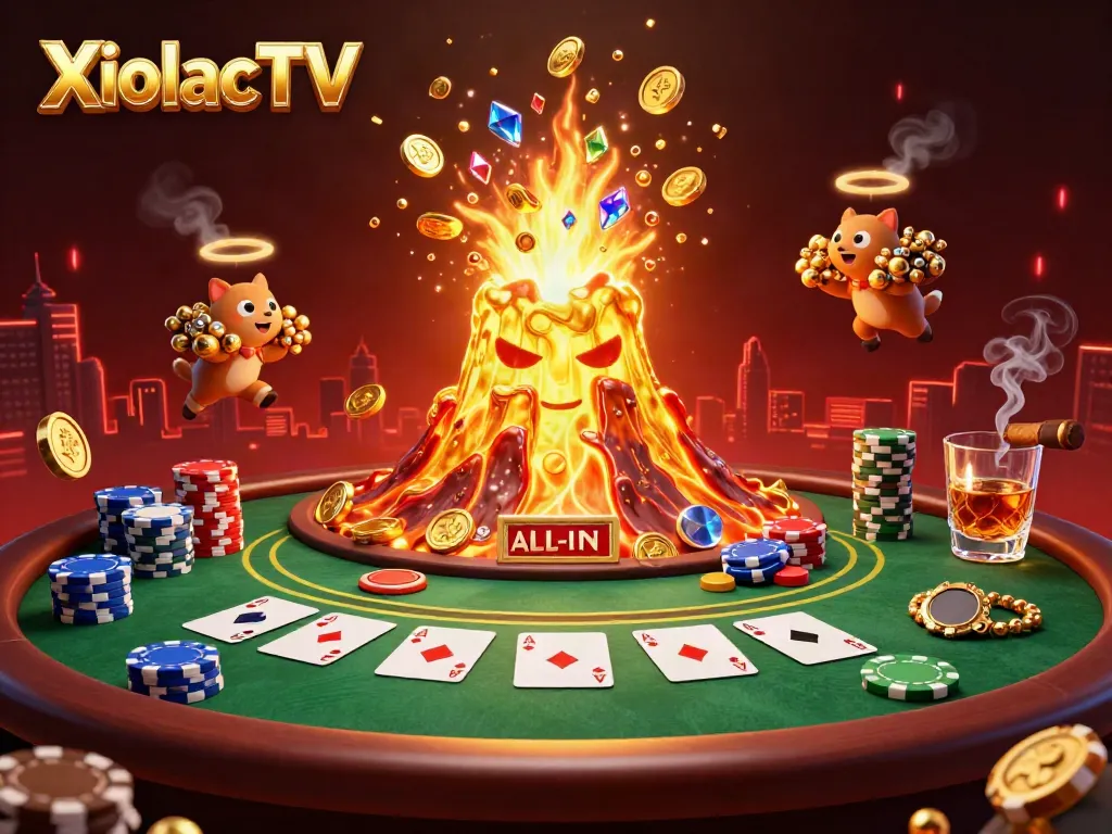 XoilacTV showcases an exciting scene featuring a golden volcano erupting coins, tiny animals collecting treasures, and poker elements.