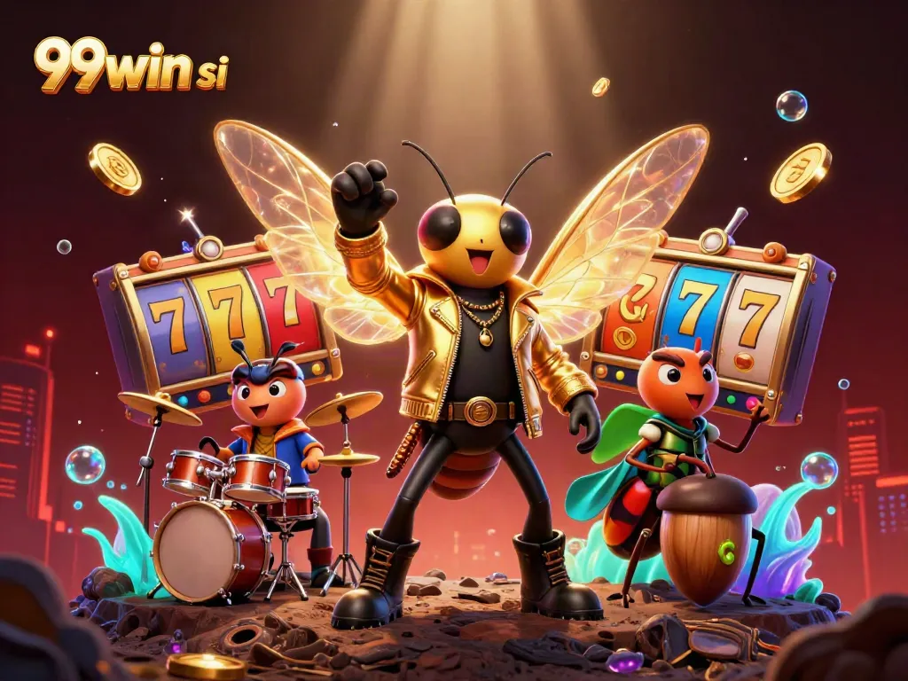 Experience the thrill of 99win si with a vibrant 3D illustration showcasing lively casino elements and characters.