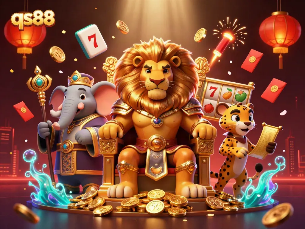 Experience thrilling slots action with qs88's dynamic scene featuring a lion king, elephant advisor, and cheetah!