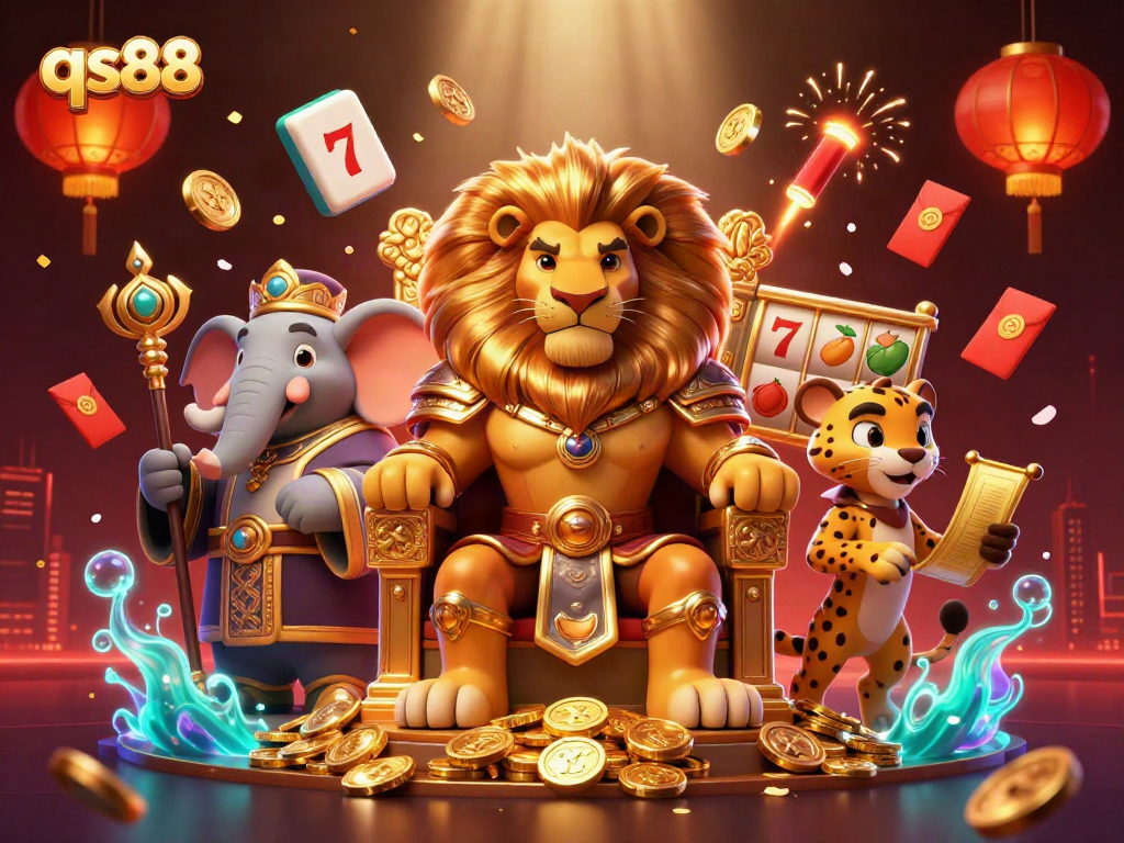Experience thrilling slots action with qs88's dynamic scene featuring a lion king, elephant advisor, and cheetah!