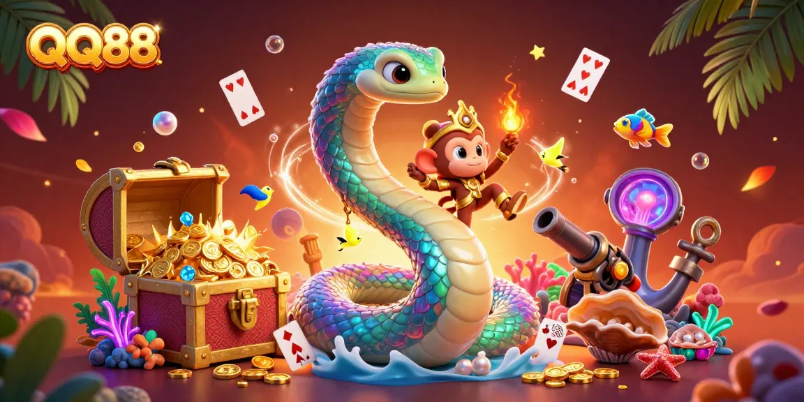 Experience the magic of QQ88 with the vibrant gaming scene featuring a rainbow serpent and playful monkey king.