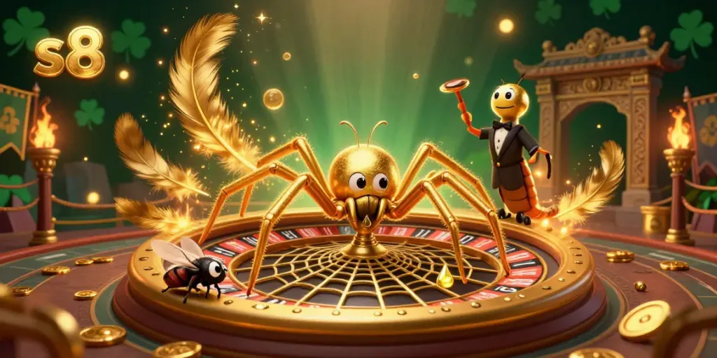 Experience exciting gameplay with s8 in this vibrant 3D casino scene featuring a golden spider and croupier.