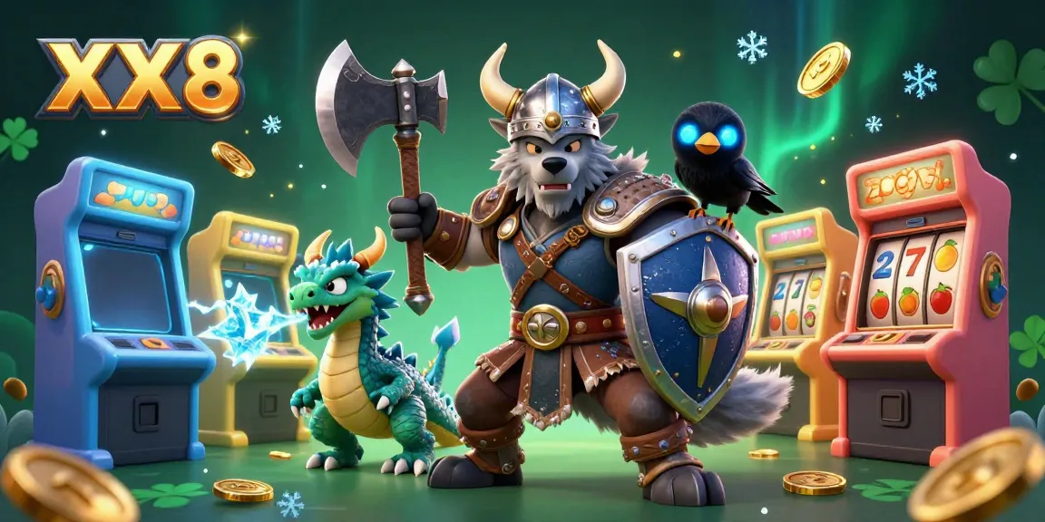 Experience thrilling slot gaming with XX8 in this vibrant casino-themed illustration.