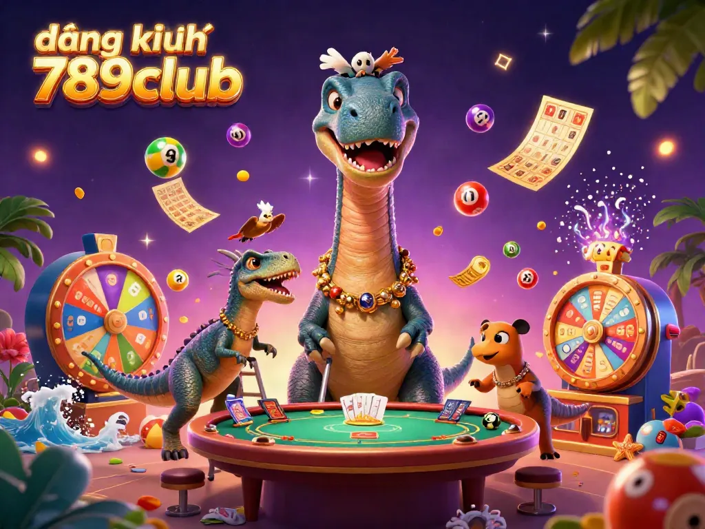 Engage with đăng ký 789club through this dynamic casino scene featuring a towering brontosaurus and vibrant game elements.