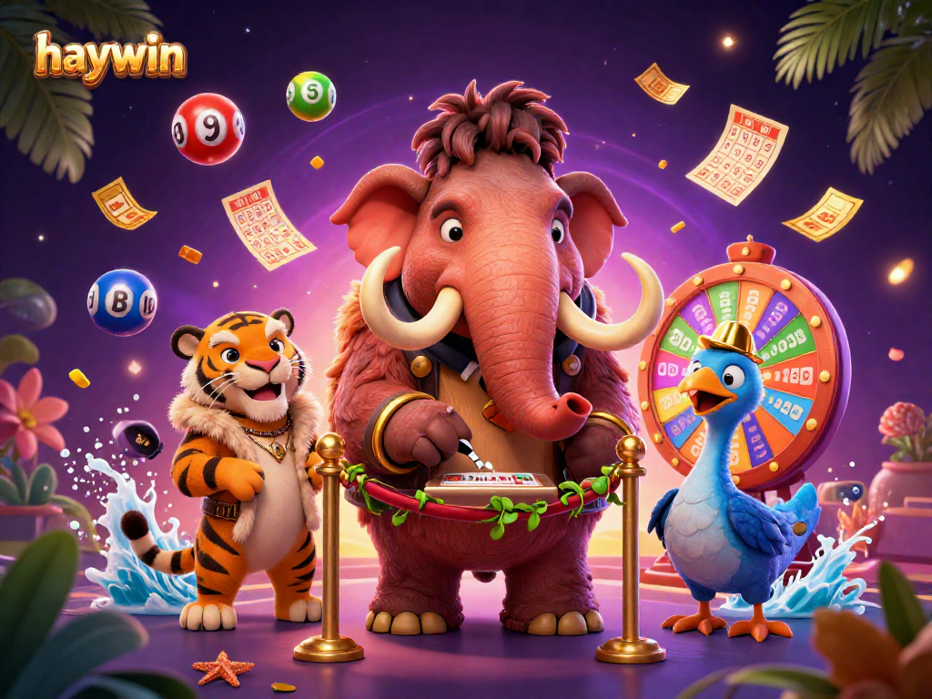 haywin casino illustration of a woolly mammoth bouncer checking IDs with lottery elements.