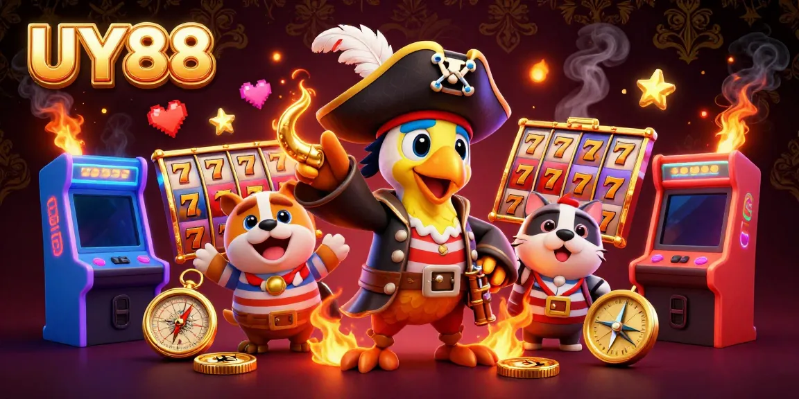 Experience thrilling slots and arcade games with UY88 in this vibrant 3D casino illustration.
