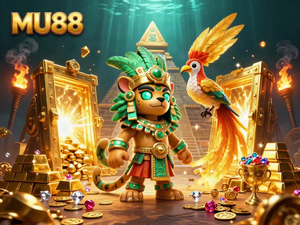 Experience thrilling wins at MU88 with a vibrant 3D illustration of casino treasures.