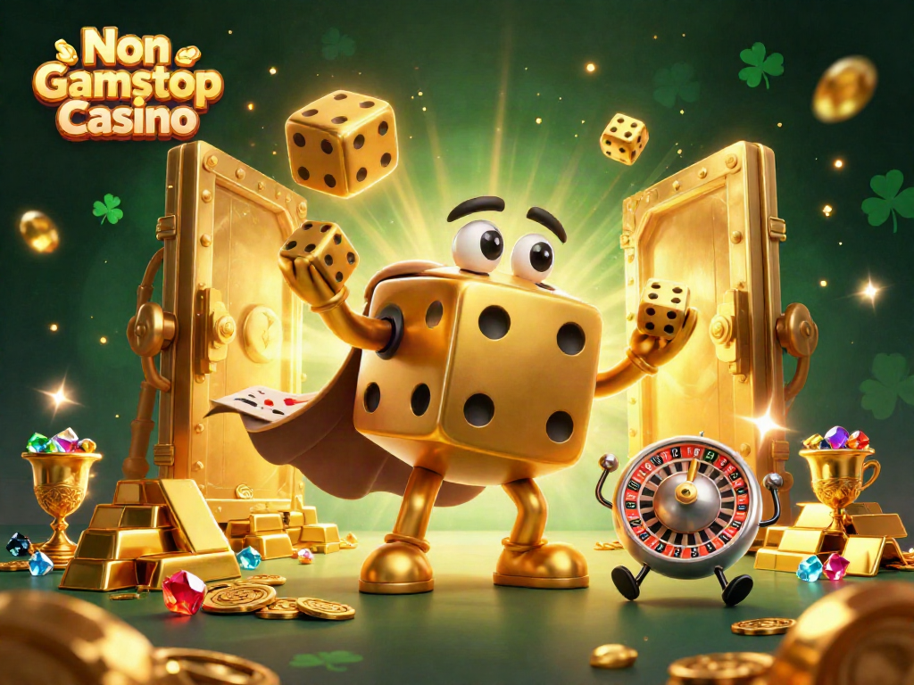Engaging scene depicting Non Gamstop Casino with vibrant golden elements and dynamic characters.