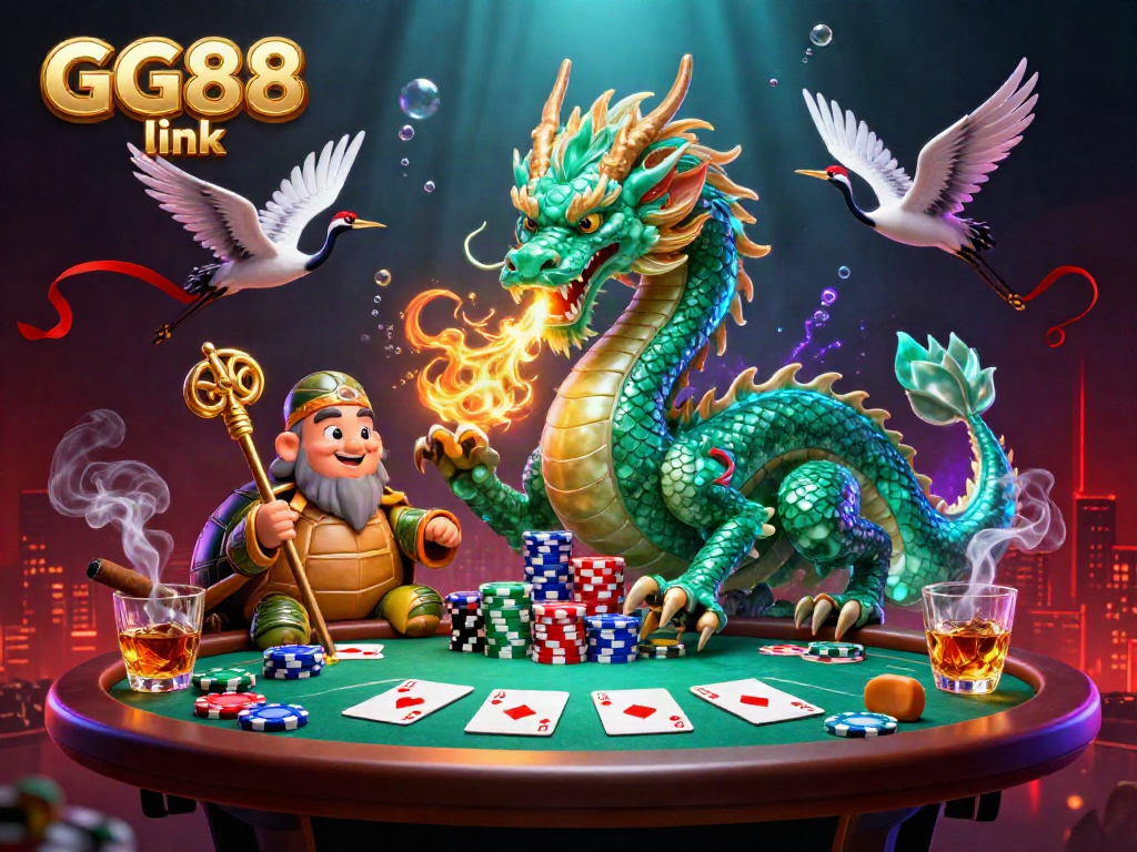 Experience the thrill of GG88 link with a dynamic dragon and sage scene amidst poker elements.