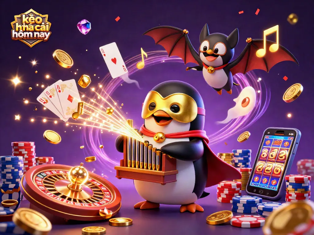 Experience kèo nhà cái hôm nay with dynamic 3D casino elements featuring a whimsical penguin and acrobat.