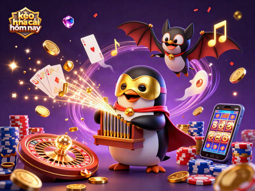 Experience kèo nhà cái hôm nay with dynamic 3D casino elements featuring a whimsical penguin and acrobat.