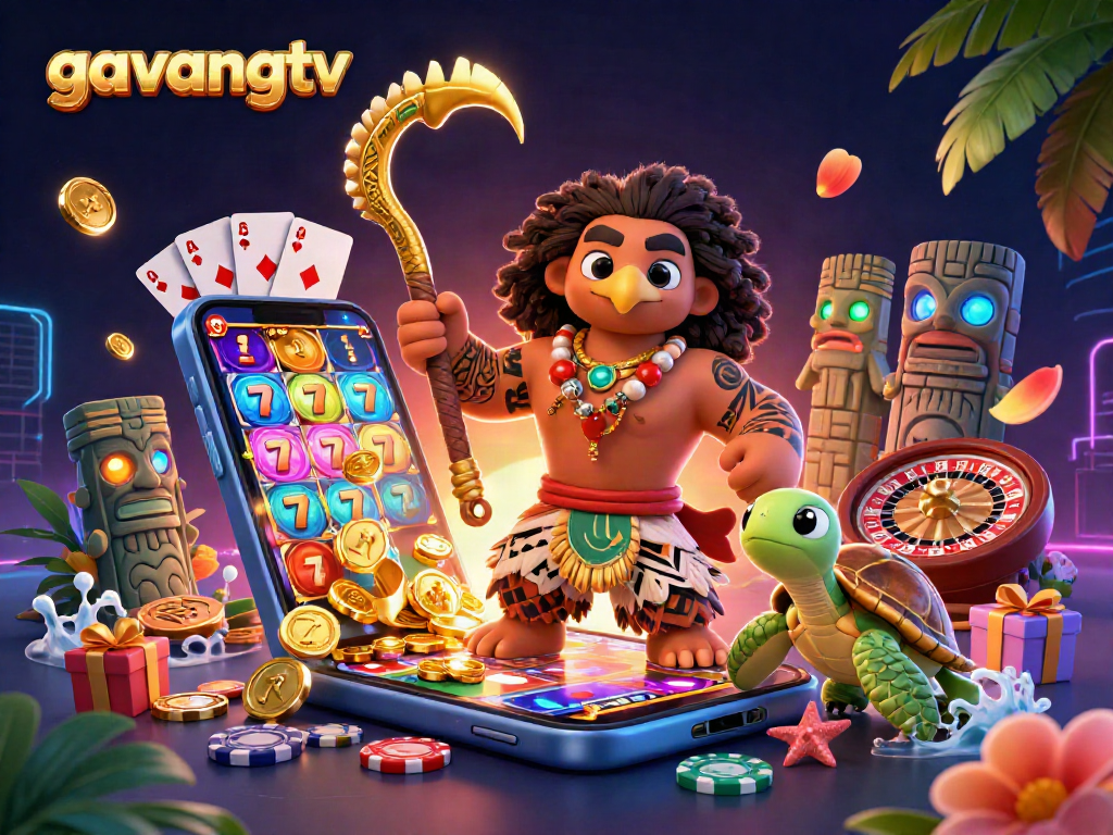 Experience thrilling gaming fun with gavangtv's vibrant 3D casino illustration, showcasing dynamic elements.