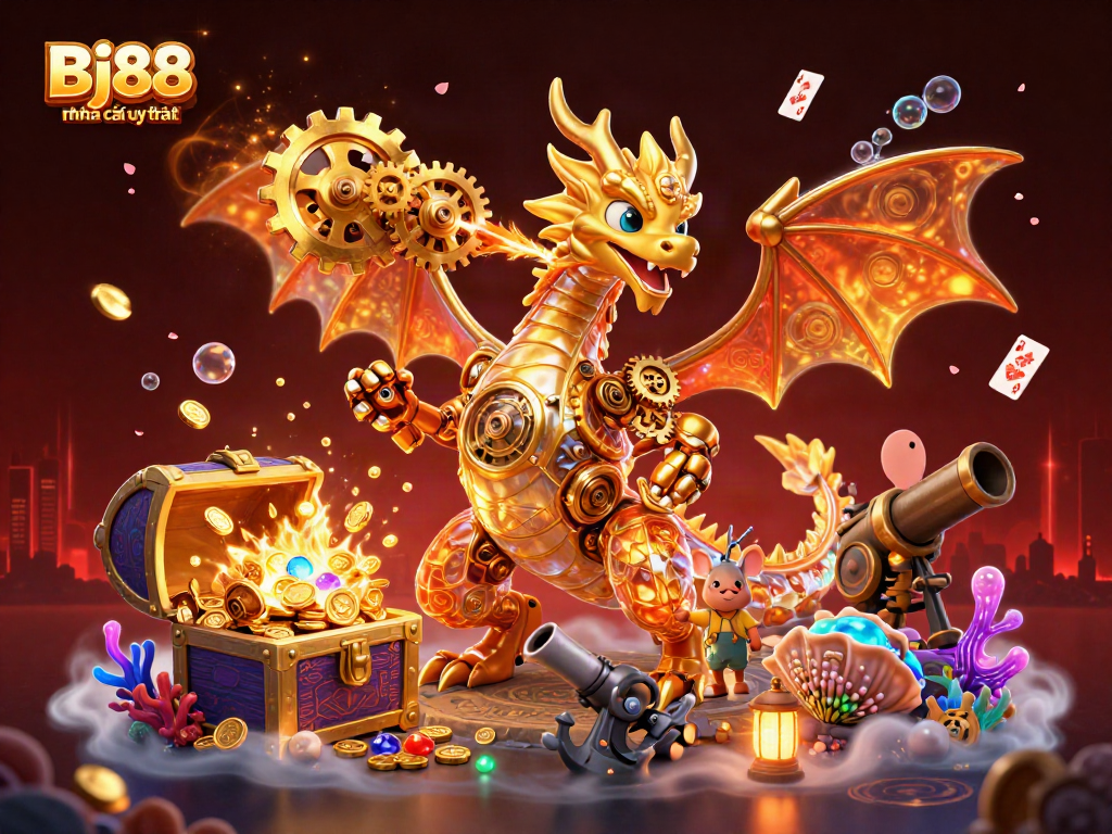 Bj88 nhà cái uy tín showcases thrilling gameplay with a golden dragon and treasures, emphasizing excitement