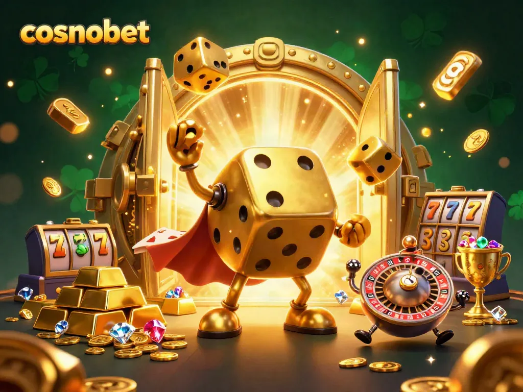 Experience the excitement at Cosmobet with mega wins illustrated through golden dice and jewels.