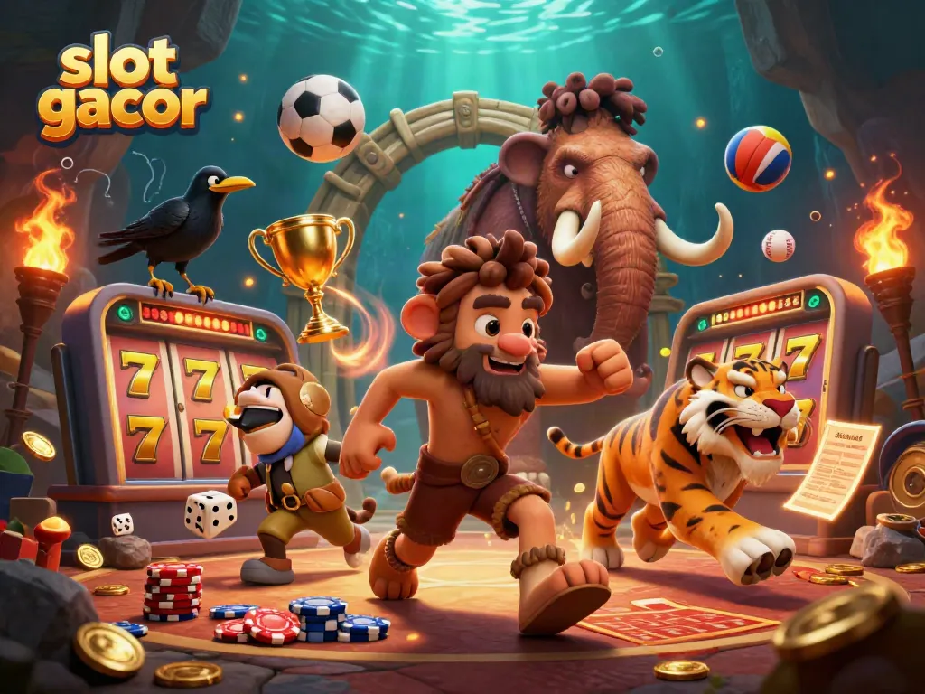Experience slot gacor excitement with a lively 3D illustration of cavemen, a sabertooth tiger, and a clever crow.
