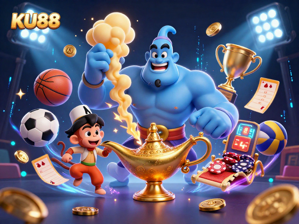 Experience the vibrant energy of KU88 with a dynamic casino illustration full of thrill and excitement.