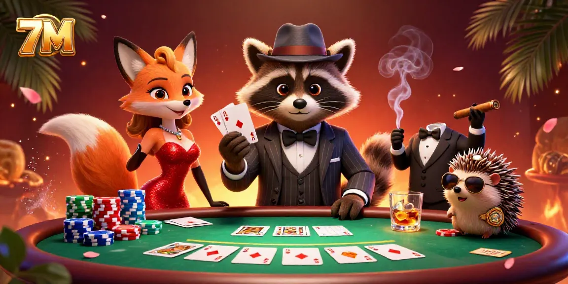 Engage with the thrilling world of 7M poker featuring vibrant characters and a packed table of action.