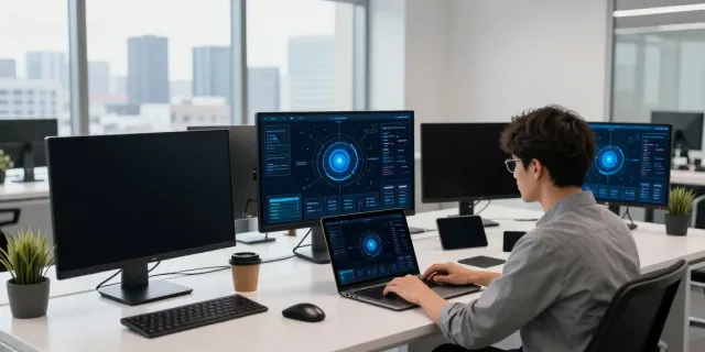快连 user in a modern workspace showcasing fast internet technologies and productivity tools.