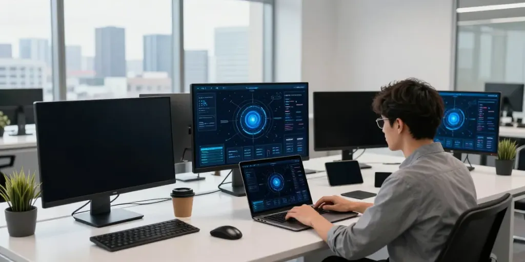 快连 user in a modern workspace showcasing fast internet technologies and productivity tools.