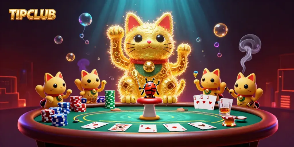 Engage with TIPCLUB's vibrant casino world featuring a waving lucky cat and poker elements.