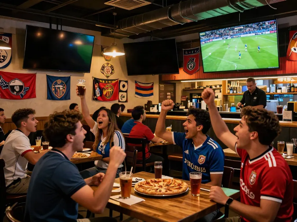 Enthusiastic fans at a sports bar enjoying football on HD screens together, embodying the excitement of xoilactv.