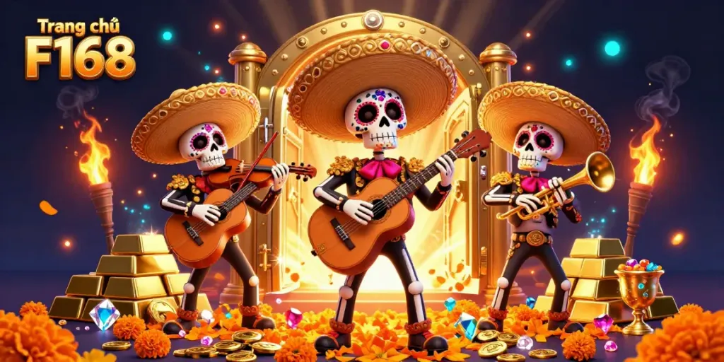 Engage with thrilling games at Trang chủ F168, featuring festive mariachi skeletons amidst golden treasures.
