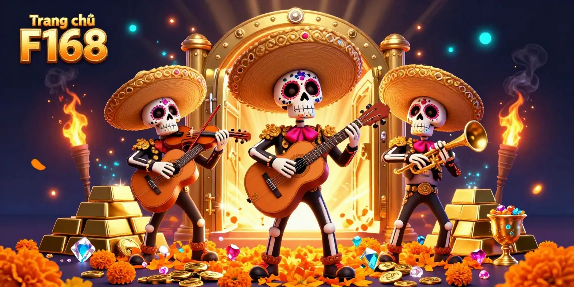 Engage with thrilling games at Trang chủ F168, featuring festive mariachi skeletons amidst golden treasures.