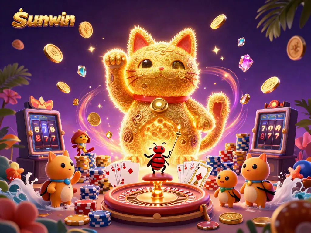Experience the excitement of sunwin with a golden lucky cat, casino symbols, and vibrant elements.