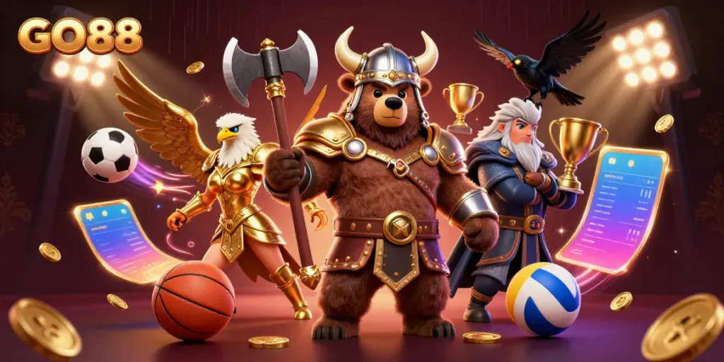 Experience thrilling sports betting with GO88 as a Viking bear and Valkyrie eagle celebrate victory amidst vibrant casino elements.