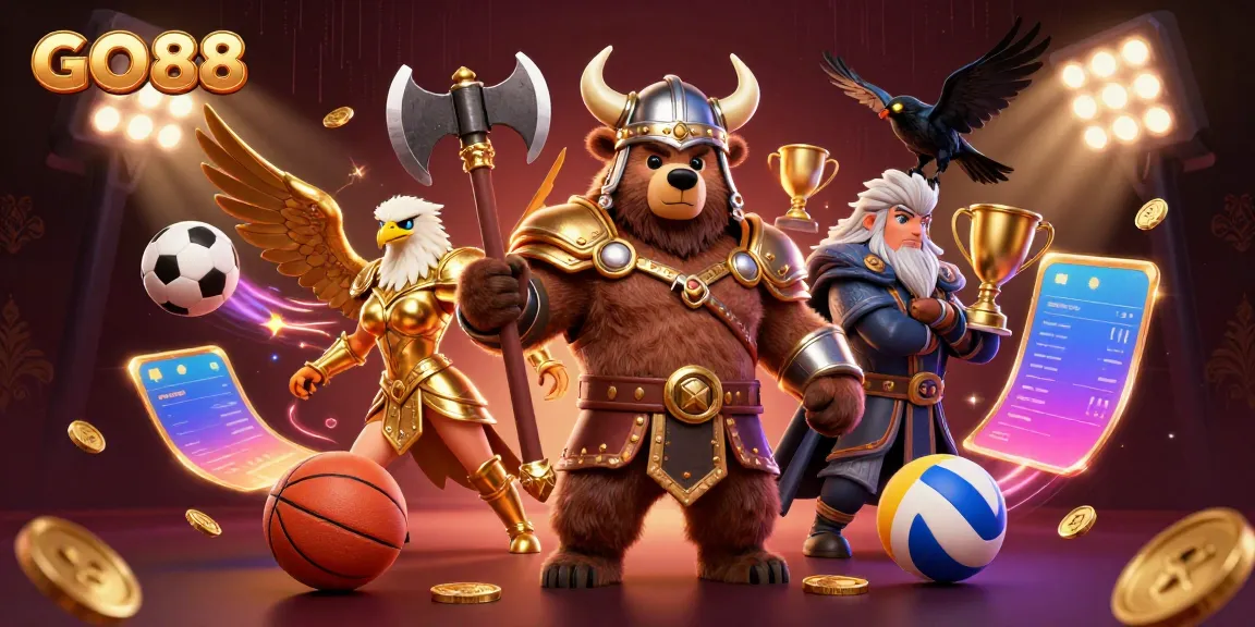 Experience thrilling sports betting with GO88 as a Viking bear and Valkyrie eagle celebrate victory amidst vibrant casino elements.