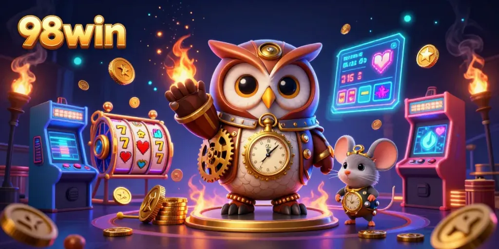 Experience the excitement of playing at 98win with steampunk elements and vibrant casino graphics.