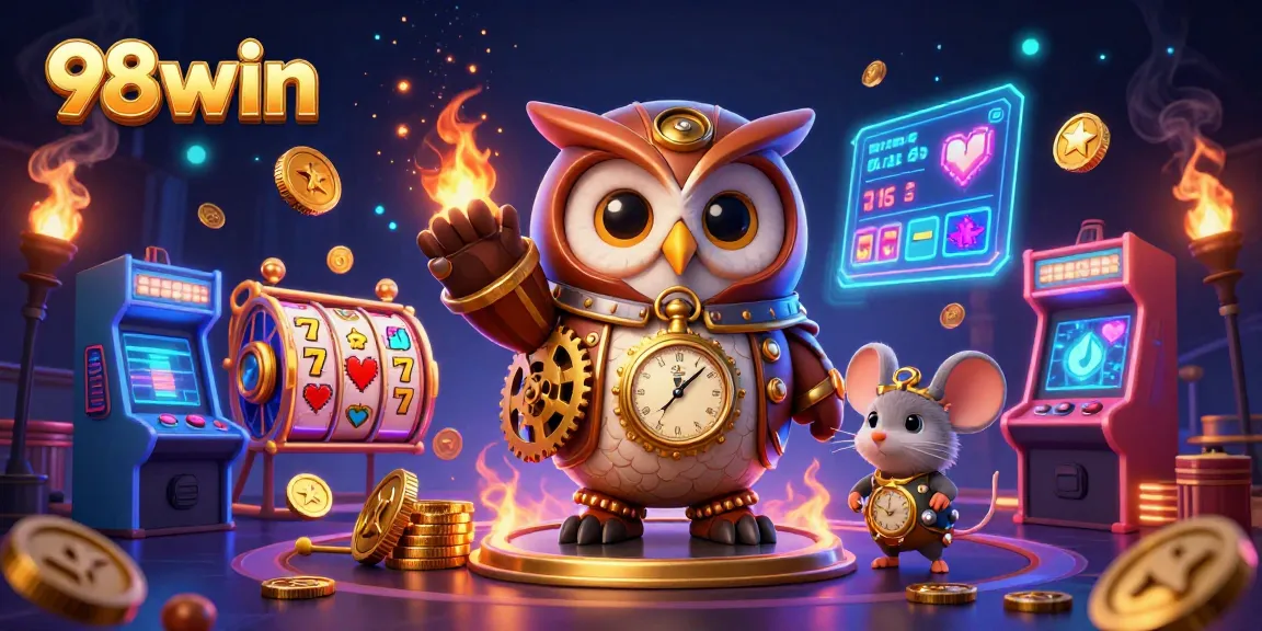 Experience the excitement of playing at 98win with steampunk elements and vibrant casino graphics.